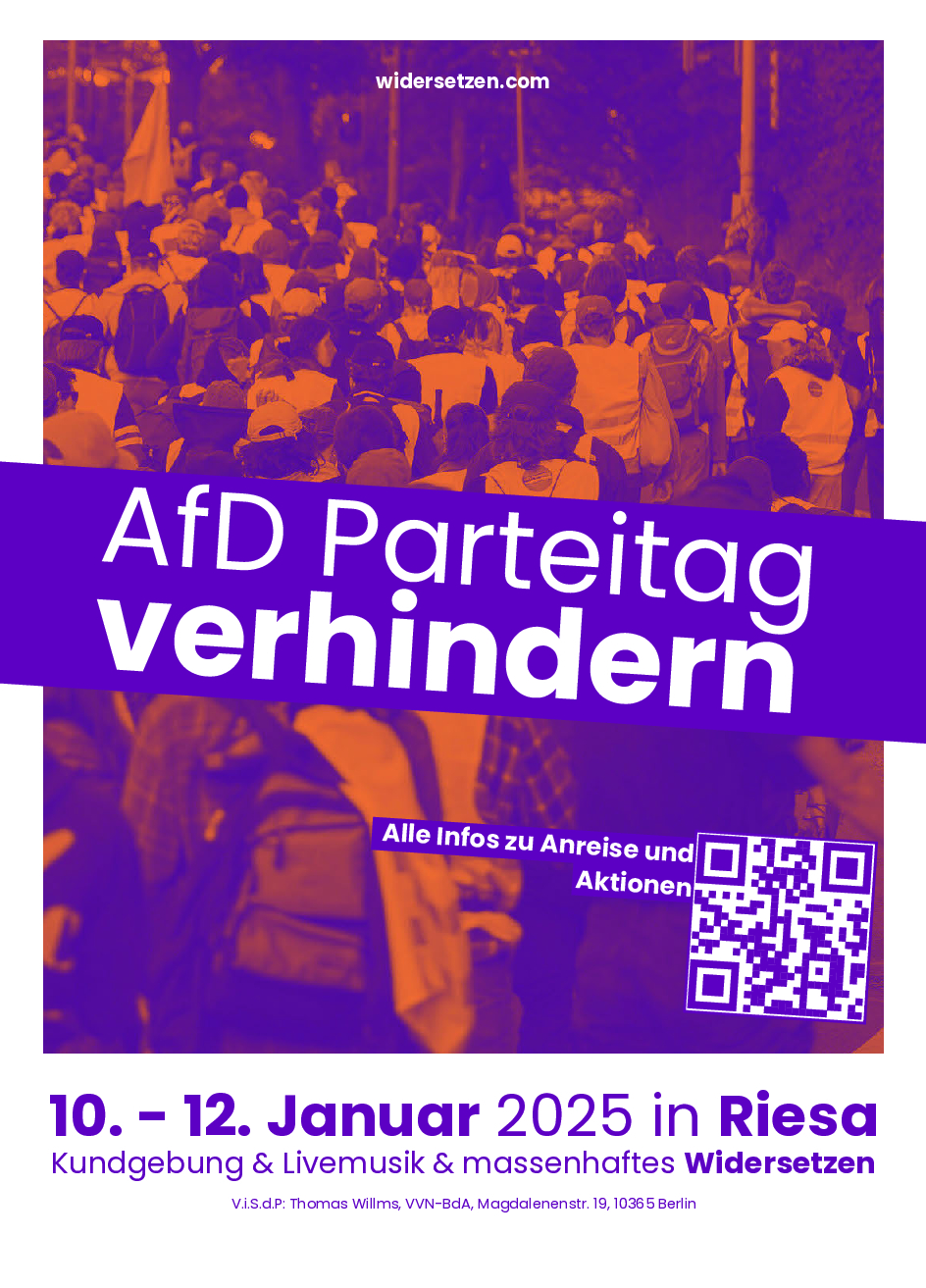 Flyer von widersetzen.com zu Gegenveranstaltungen zum AfD-Parteitag vom 10. bis 12. Januar 2025 in Riesa.